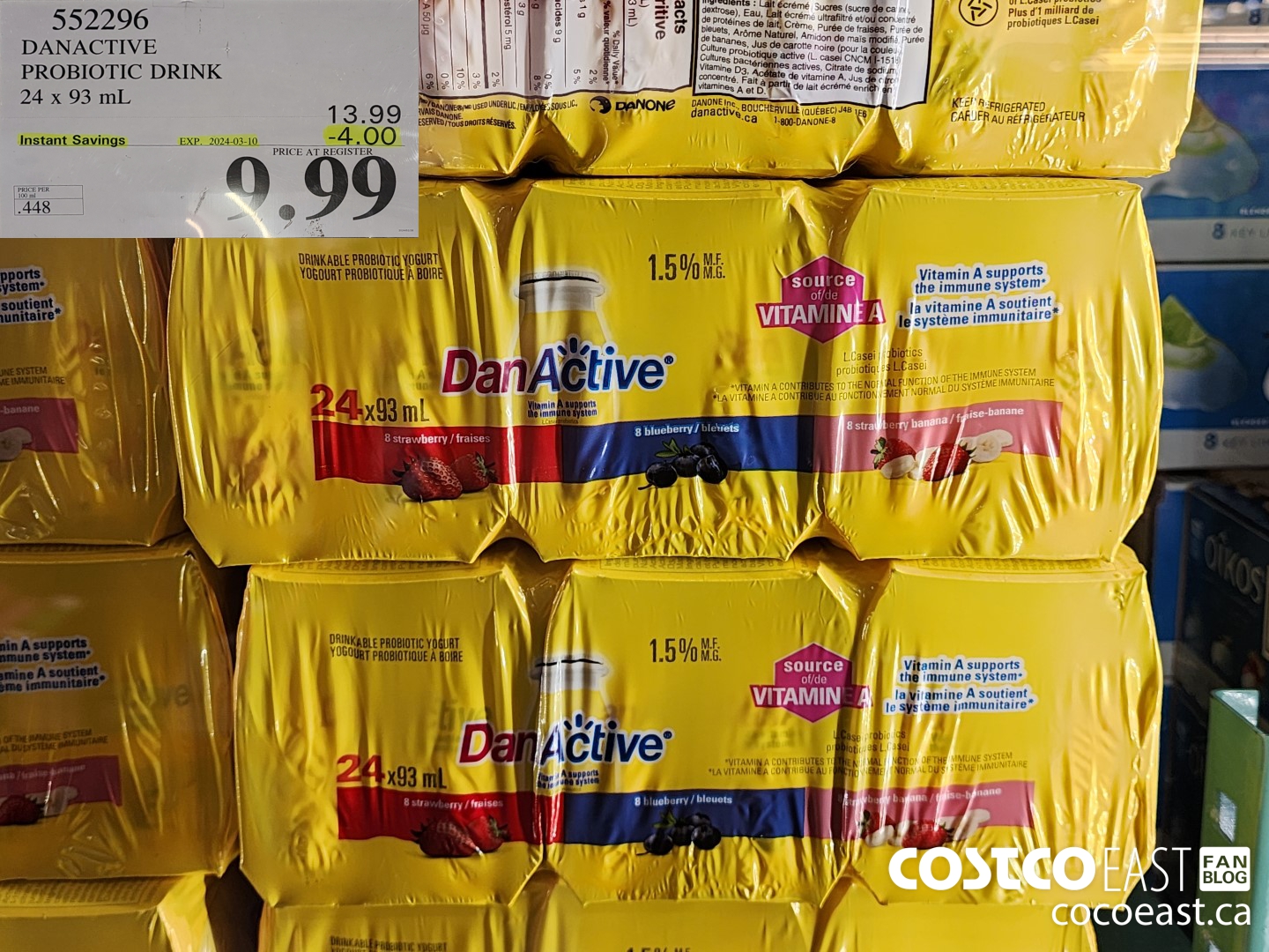 552296 DANACTIVE PROBIOTIC DRINK 24 X 93 ML ($4.00 INSTANT SAVINGS EXPIRES ON 2024-03-10) $9.99