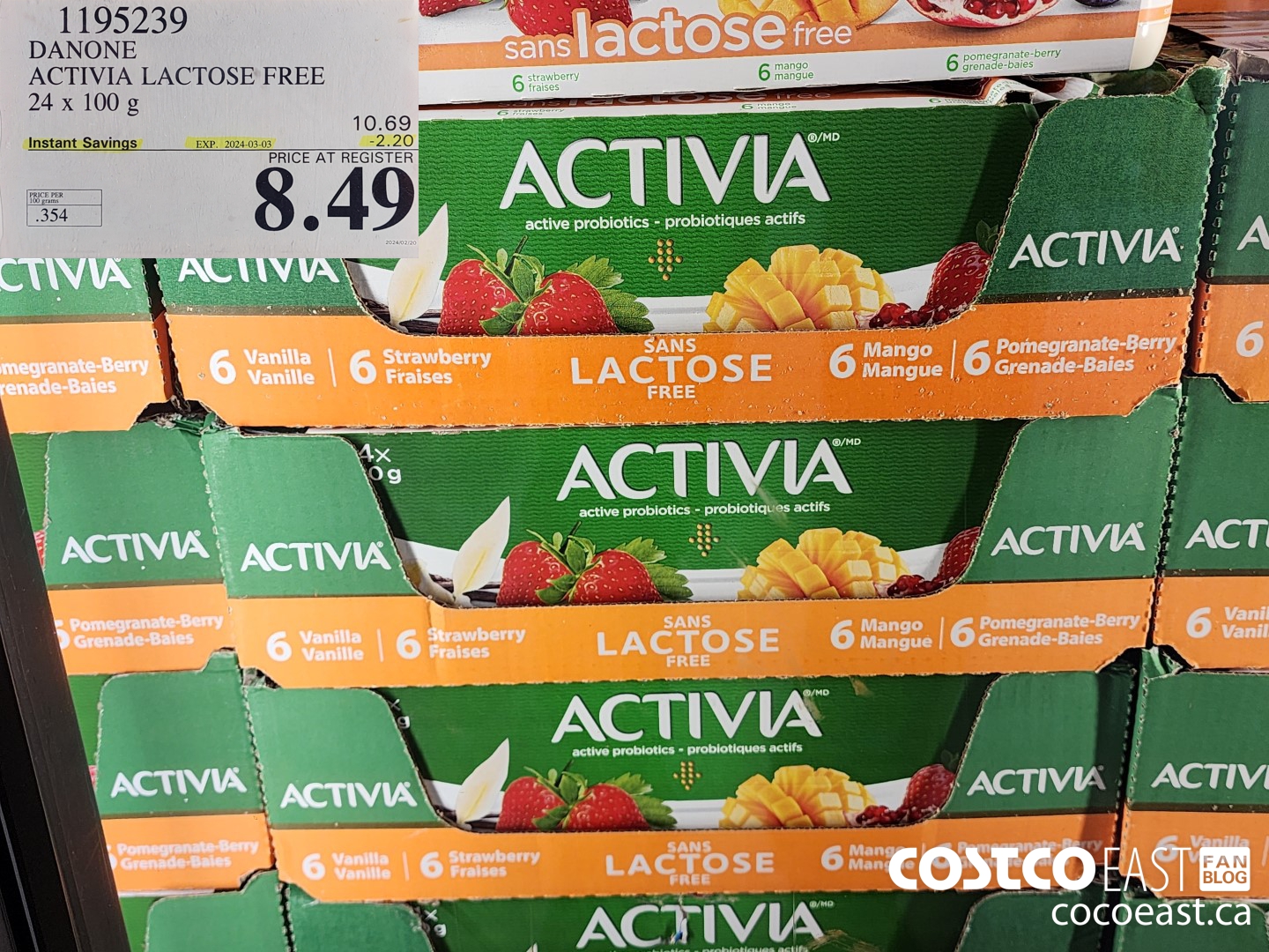 1195239 DANONE ACTIVIA LACTOSE FREE 24 x 100 g ($2.20 INSTANT SAVINGS EXPIRES ON 2024-03-03) $8.49