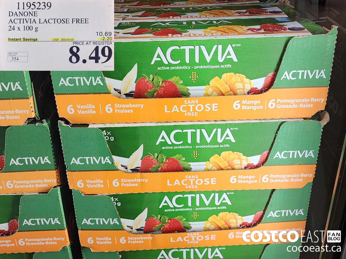 1195239 DANONE ACTIVIA LACTOSE FREE 24 x 100 g ($2.20 INSTANT SAVINGS EXPIRES ON 2024-03-03) $8.49