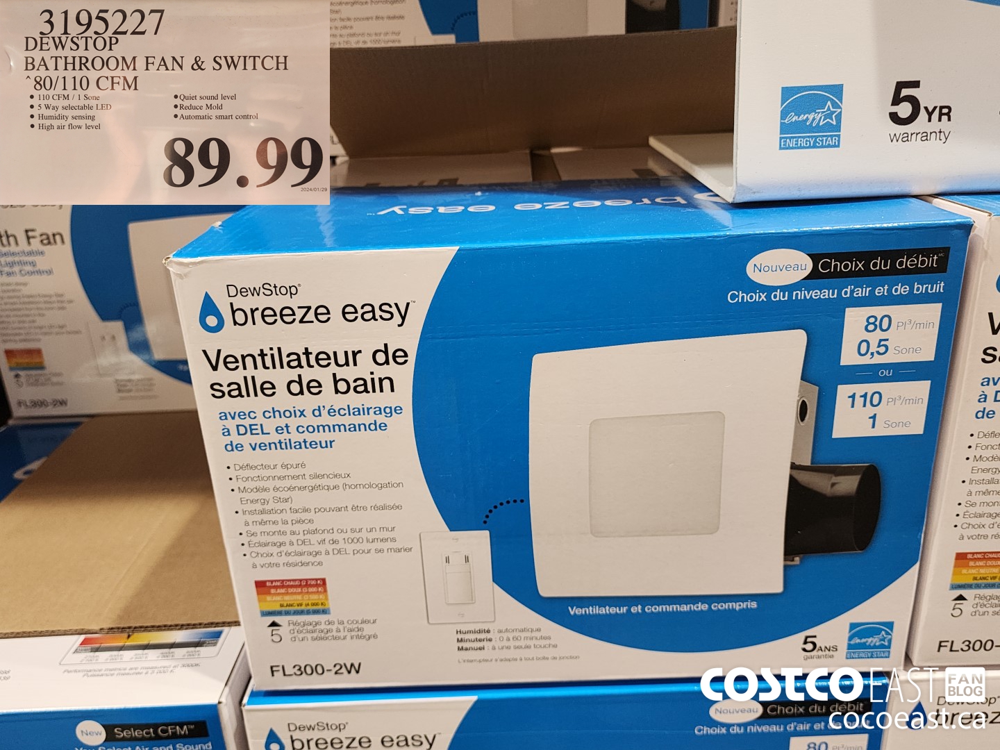 3199227 DEWSTO BATHROOM FAN & SWITCH 80/110 CFM $89.99