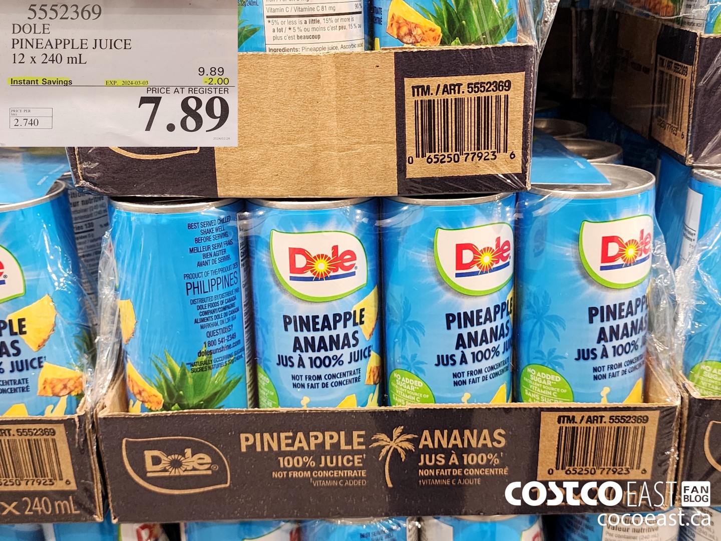 5552369 DOLE PINEAPPLE JUICE 12 x 240 mL ($2.00 INSTANT SAVINGS EXPIRES ON 2024-03-03) $7.89