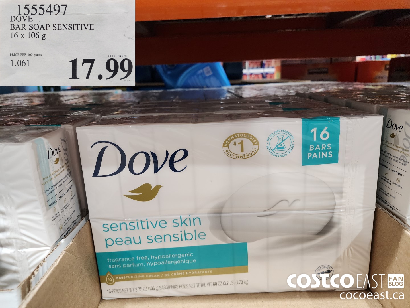1555497 DOVE BAR SOAP SENSITIVE SKIN 16 x 106 g $17.99