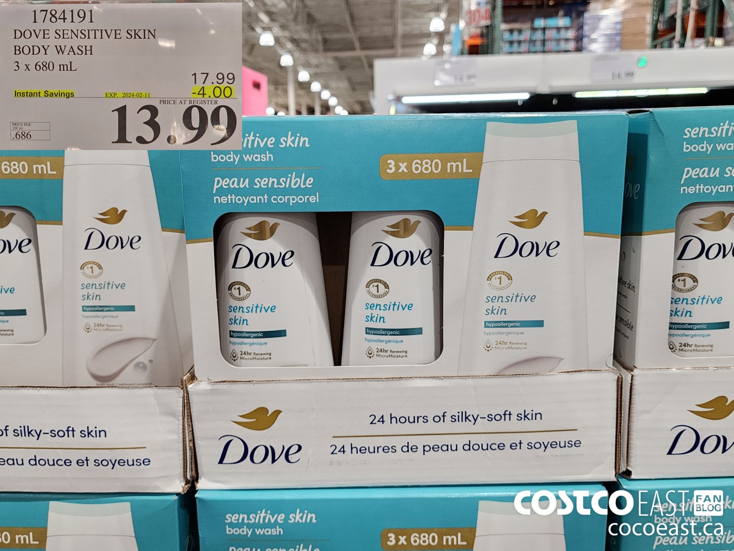 1784191 DOVE SENSITIVE SKIN BODY WASH 3 x 680 mL ($4.00 INSTANT SAVINGS EXPIRES ON 2024-02-11) $13.99