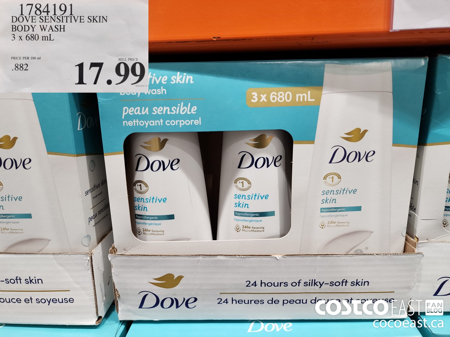 1784191 DOVE SENSITIVE SKIN BODY WASH 3 x 680 mL $17.99