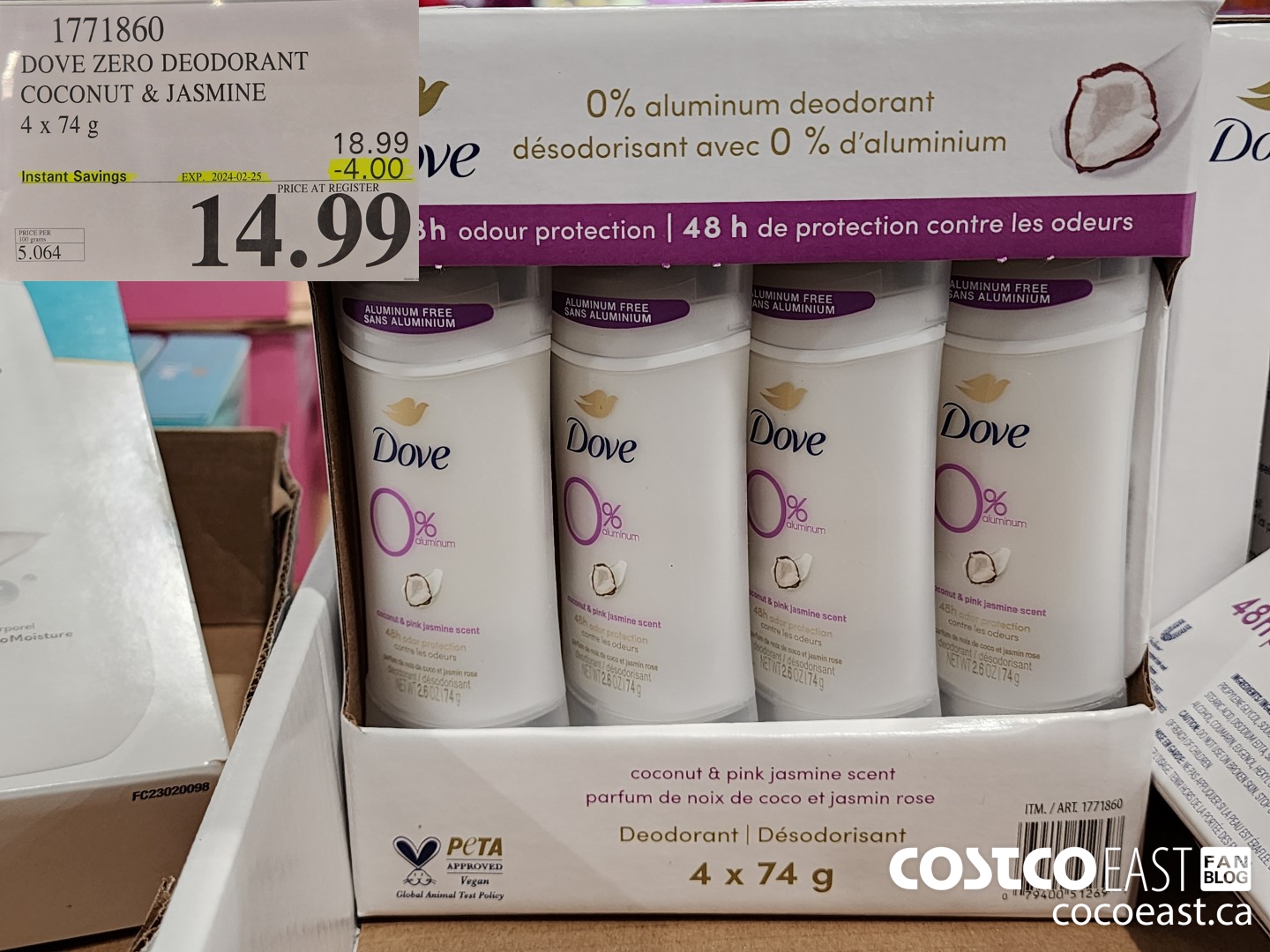 1771860 DOVE ZERO DEODORANT COCONUT & JASMINE 4 X 74 G ($4.00 INSTANT SAVINGS EXPIRES ON 2024-02-25) $14.99