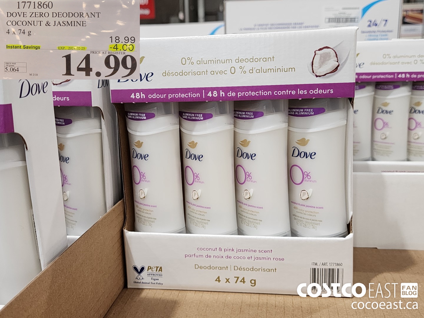 1771860 DOVE ZERO DEODORANT COCONUT & JASMINE 4 X 74 G ($4.00 INSTANT SAVINGS EXPIRES ON 2024-02-25) $14.99
