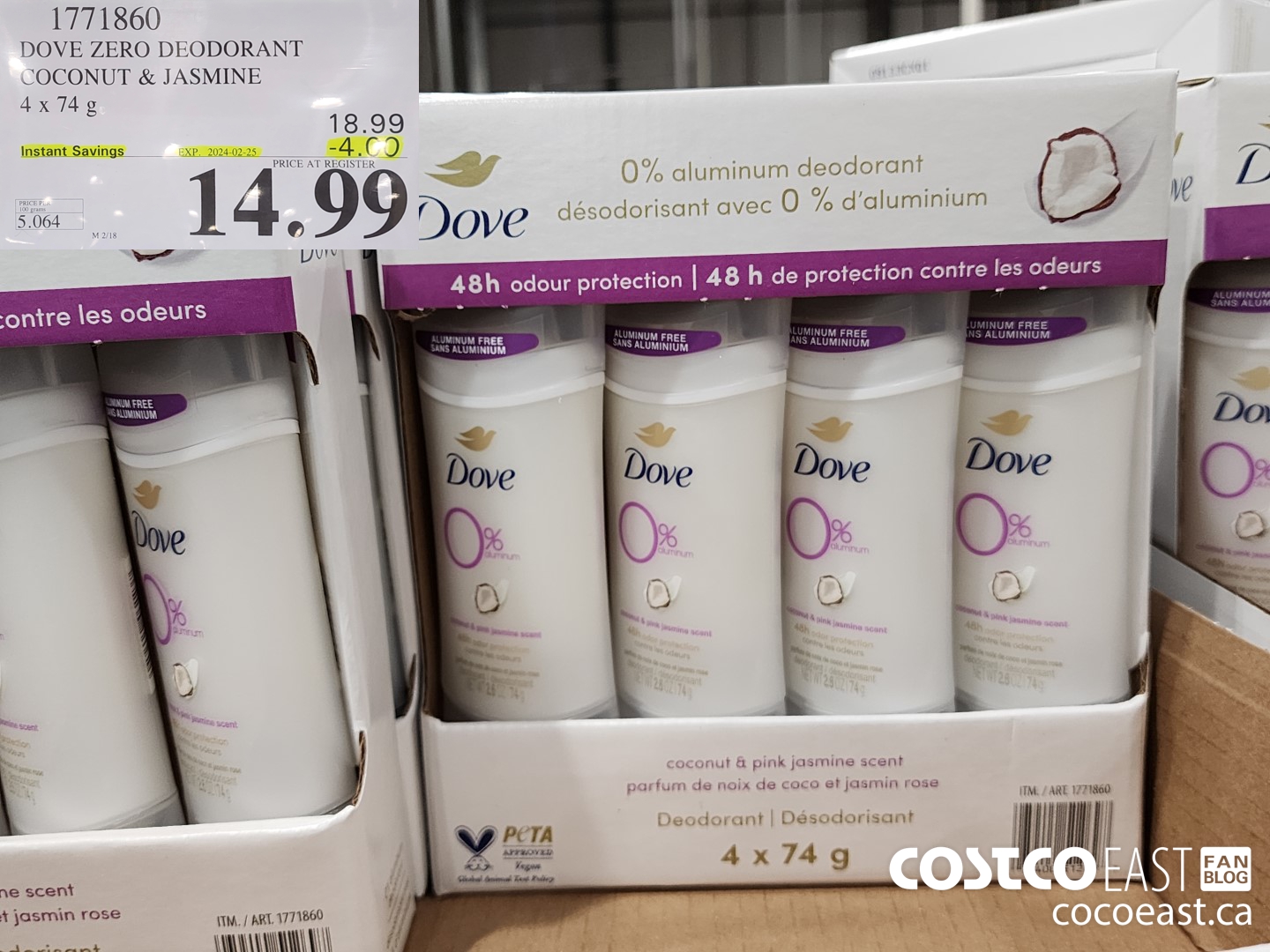 1771860 DOVE ZERO DEODORANT COCONUT & JASMINE 4 X 74 G ($4.00 INSTANT SAVINGS EXPIRES ON 2024-02-25) $14.99