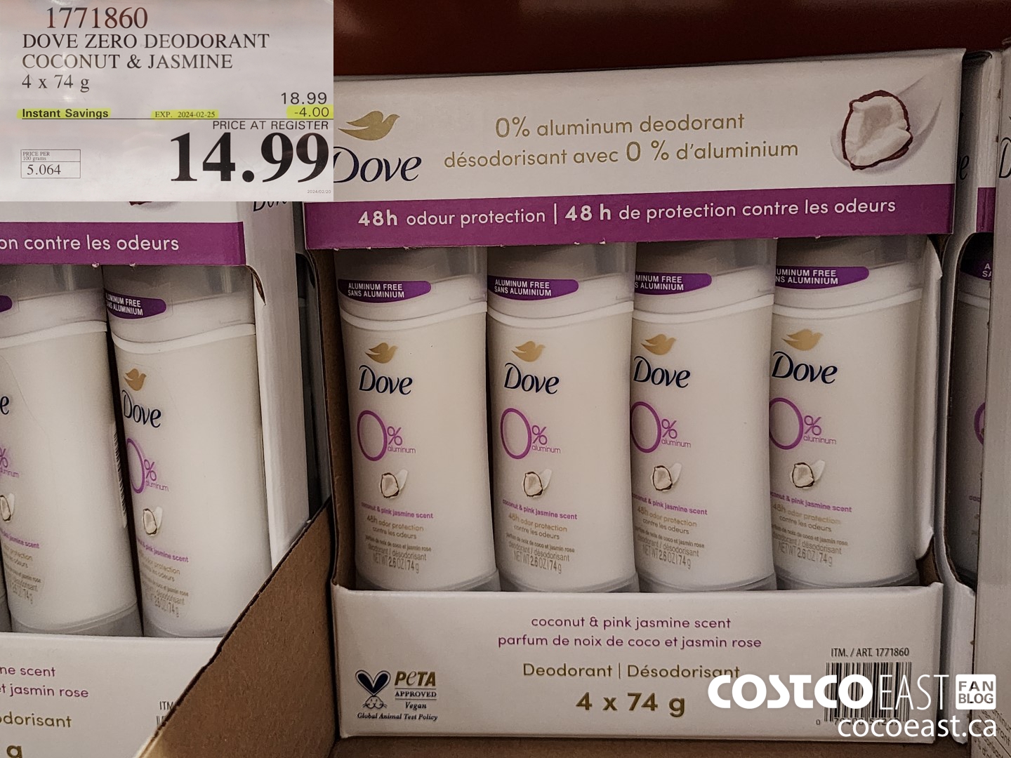 1771860 DOVE ZERO DEODORANT COCONUT & JASMINE 4 X 74 G ($4.00 INSTANT SAVINGS EXPIRES ON 2024-02-25) $14.99