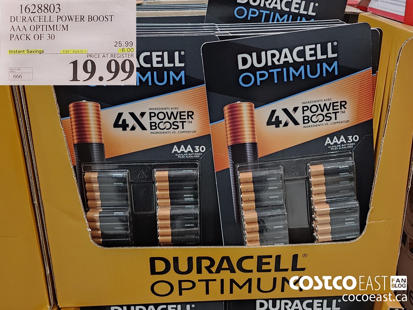 1628803 DURACELL POWER BOOST AAA OPTIMUM PACK OF 30 ($6.00 INSTANT SAVINGS EXPIRES ON 2024-02-11) $19.99