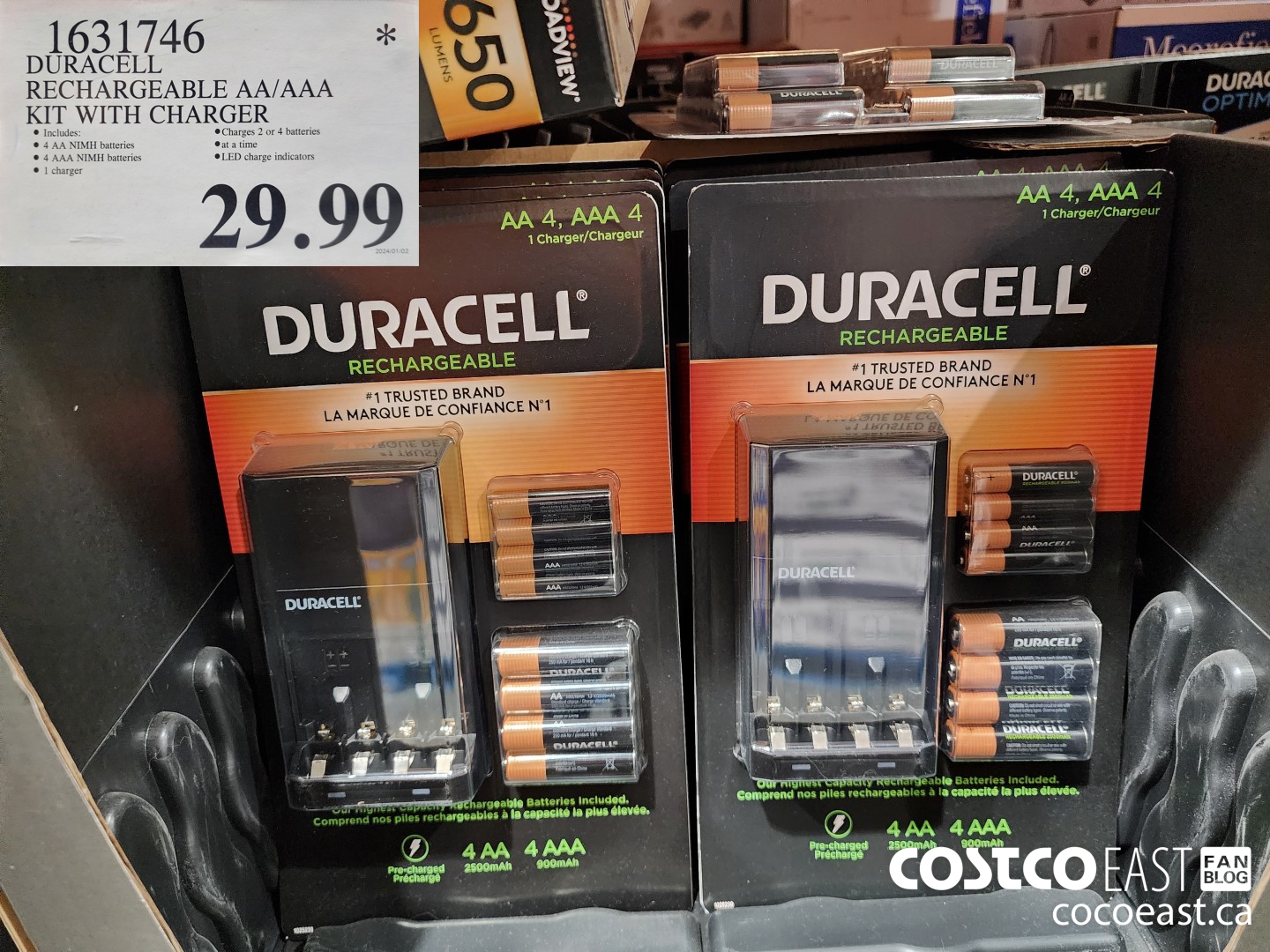 1631746 DURACELL RECHARGEABLE AA/AAA KIT WITH CHARGER $29.99
