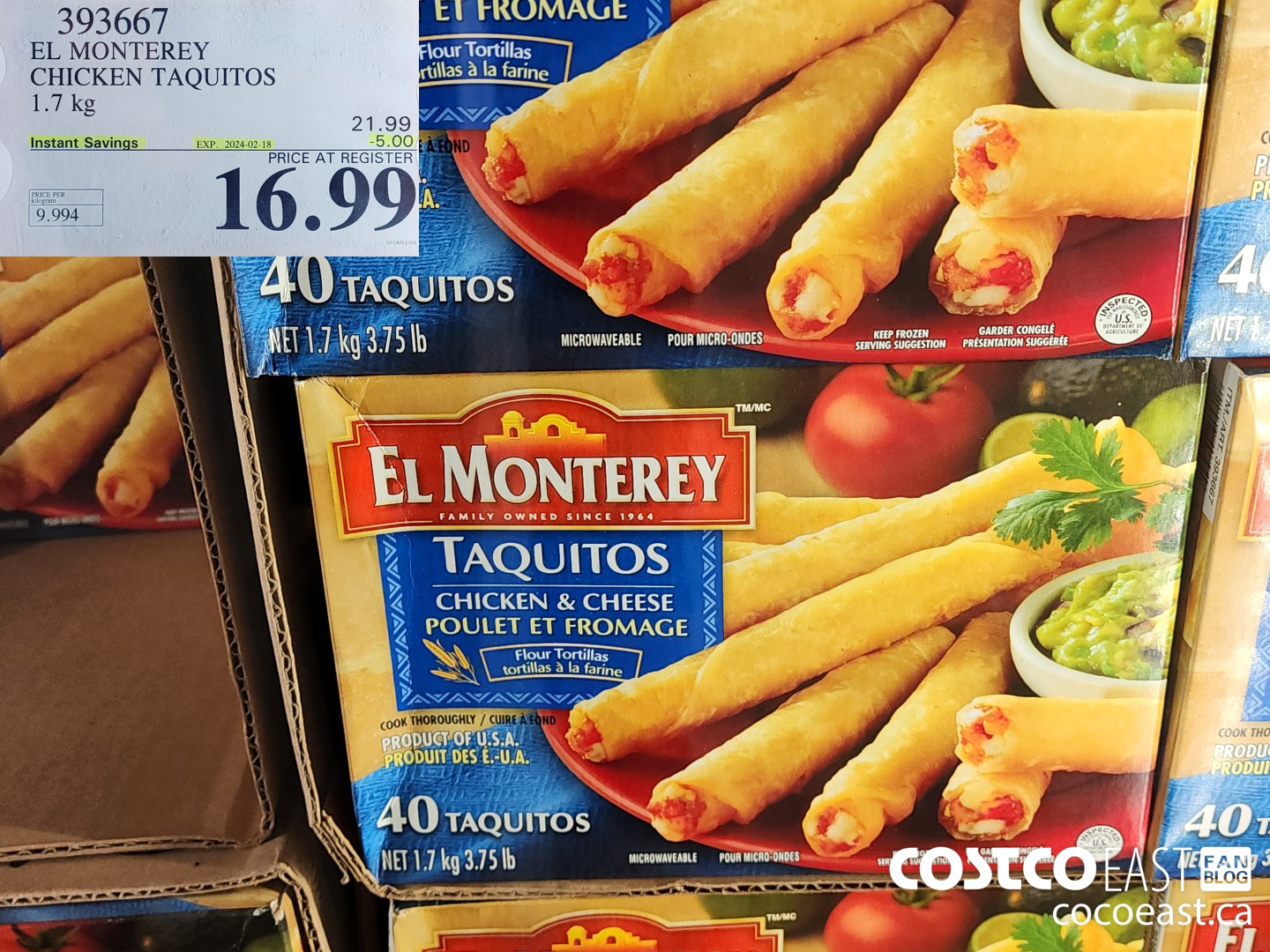 393667 EL MONTEREY CHICKEN TAQUITOS 1.7 KG ($5.00 INSTANT SAVINGS EXPIRES ON 2024-02-18) $16.99