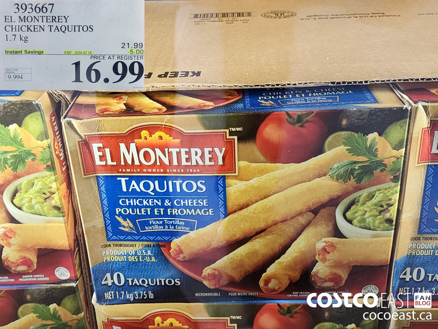 393667 EL MONTEREY CHICKEN TAQUITOS 1.7 KG ($5.00 INSTANT SAVINGS EXPIRES ON 2024-02-18) $16.99