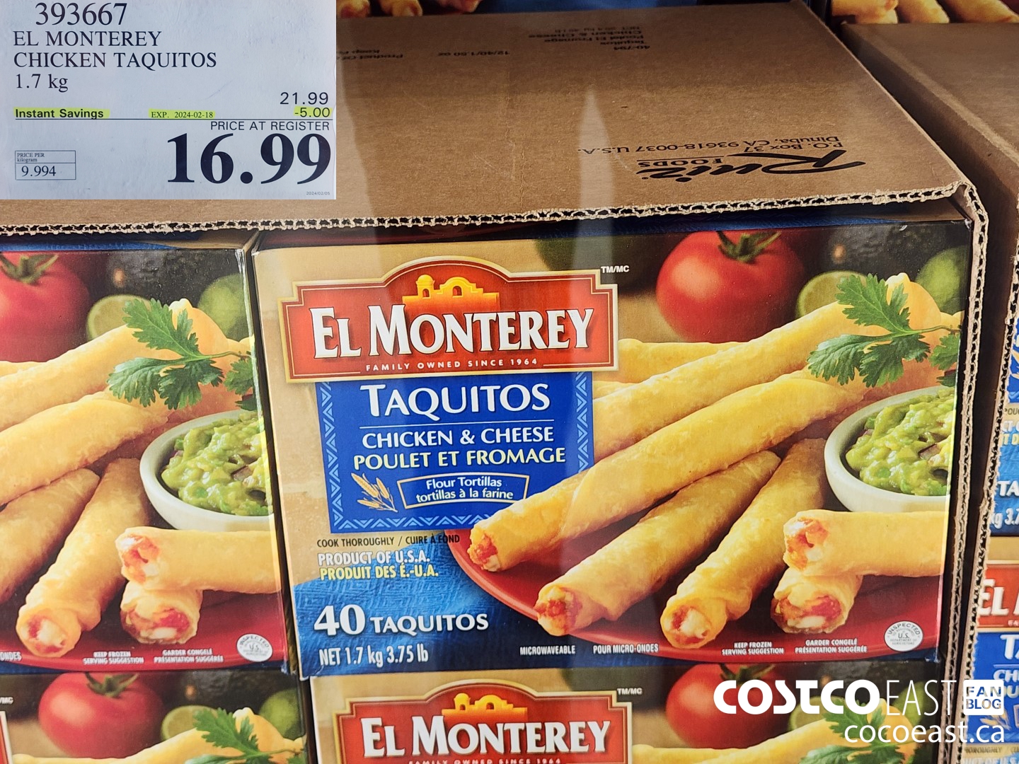 393667 EL MONTEREY CHICKEN TAQUITOS 1.7 KG ($5.00 INSTANT SAVINGS EXPIRES ON 2024-02-18) $16.99
