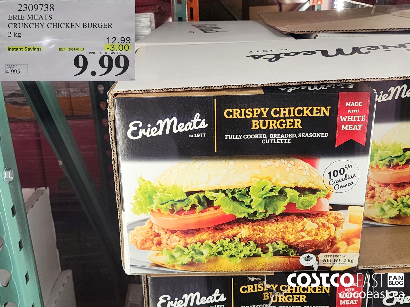 2309738 ERIE MEATS CRUNCHY CHICKEN BURGER 2 kg ($3.00 INSTANT SAVINGS EXPIRES ON 2024-03-03) $9.99