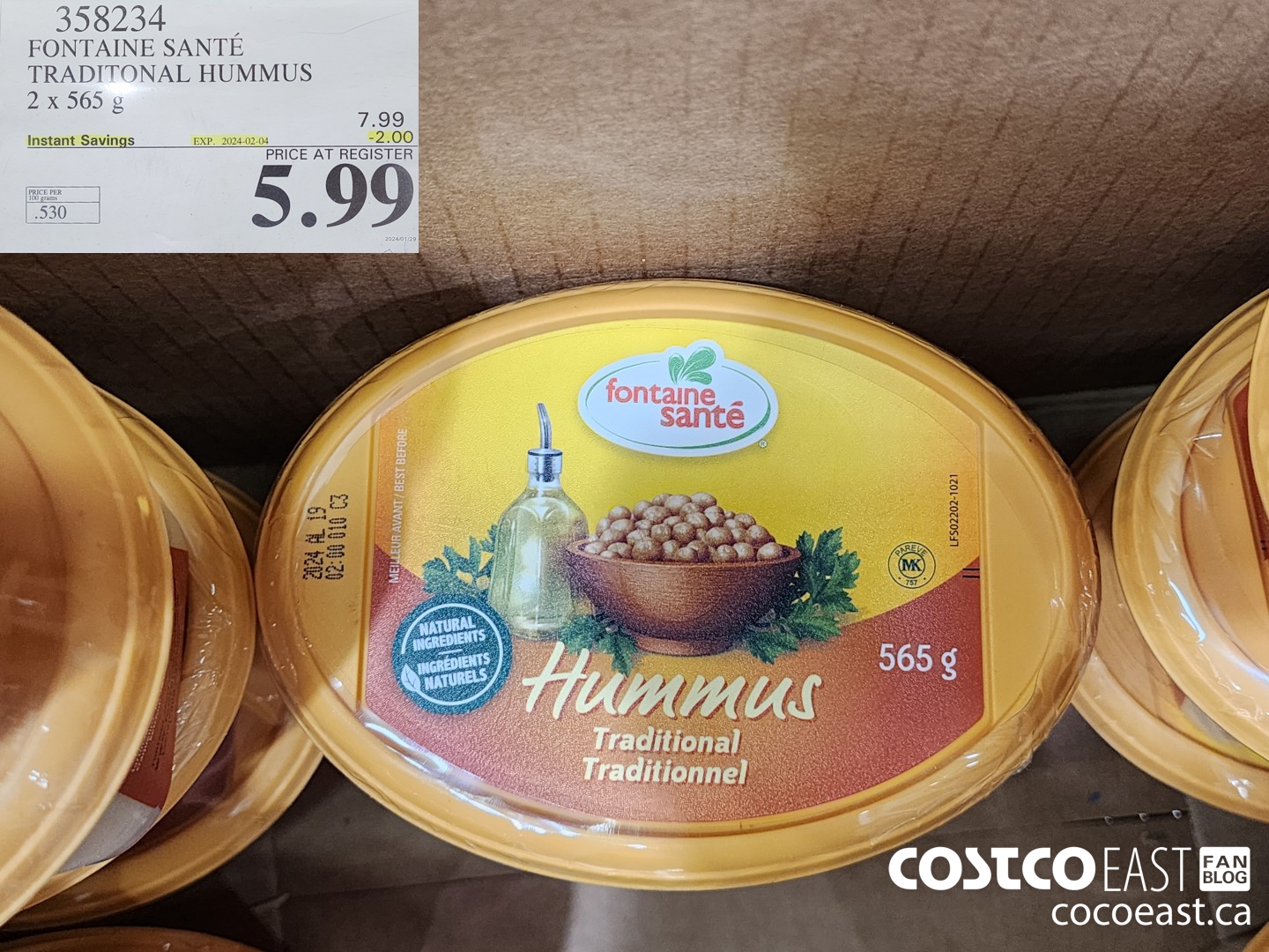 358234 FONTAINE SANTE TRADITIONAL HUMMUS 2 X 565 G ($2.00 INSTANT SAVINGS EXPIRES ON 2024-02-04) $5.99