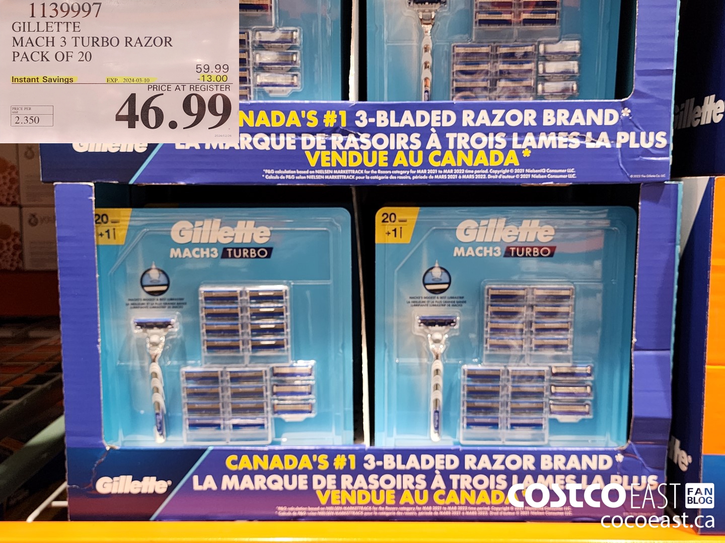 1139997 GILLETTE MACH3 TURBO RAZOR PACK OF 20 ($13.00 INSTANT SAVINGS EXPIRES ON 2024-03-10) $46.99