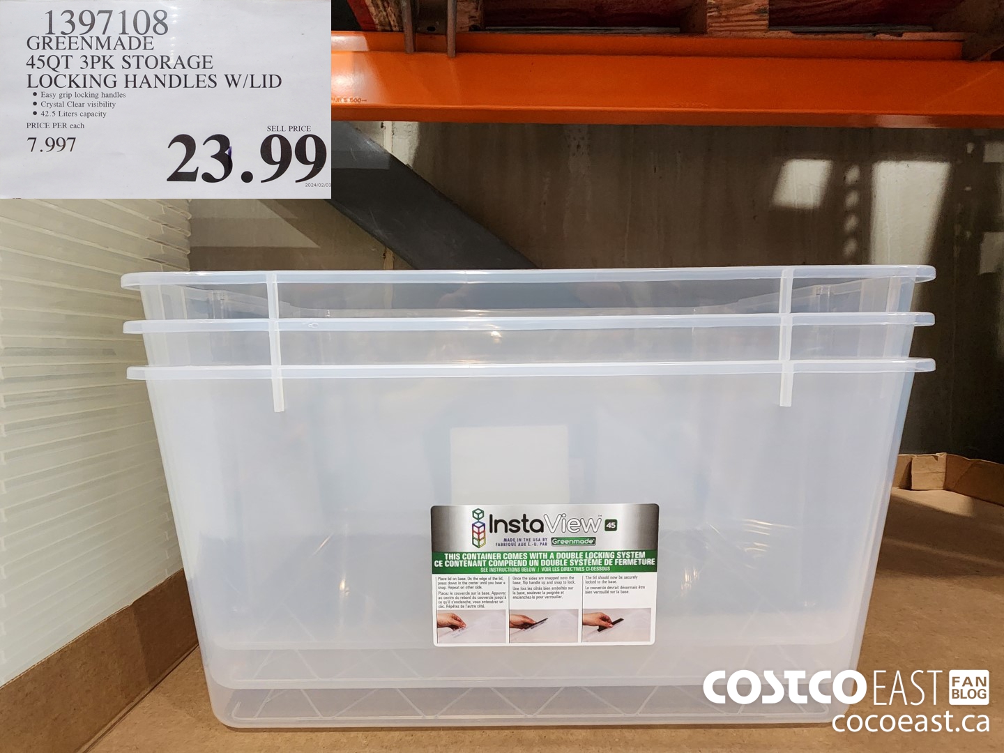 1397108 GREENMADE 45QT 3PK STORAGE LOCKING HANDLES W/LID $23.99