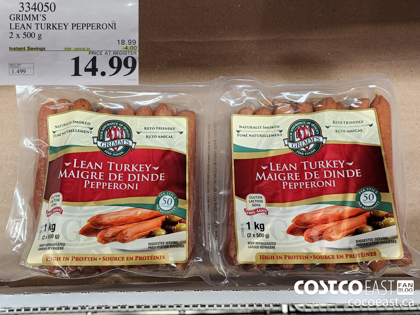 334050 GRIMM'S LEAN TURKEY PEPPERONI 2 X 500 G ($4.00 INSTANT SAVINGS EXPIRES ON 2024-02-25) $14.99