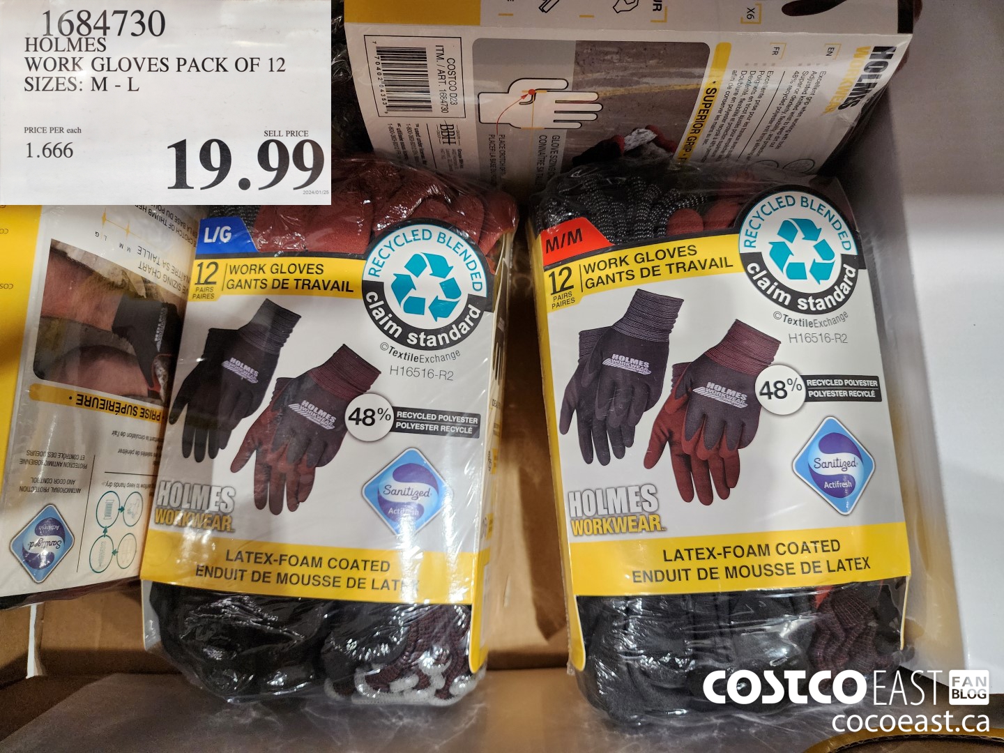 1684730 HOLMES WORK GLOVES PACK OF 12 SIZES: M - L $19.99