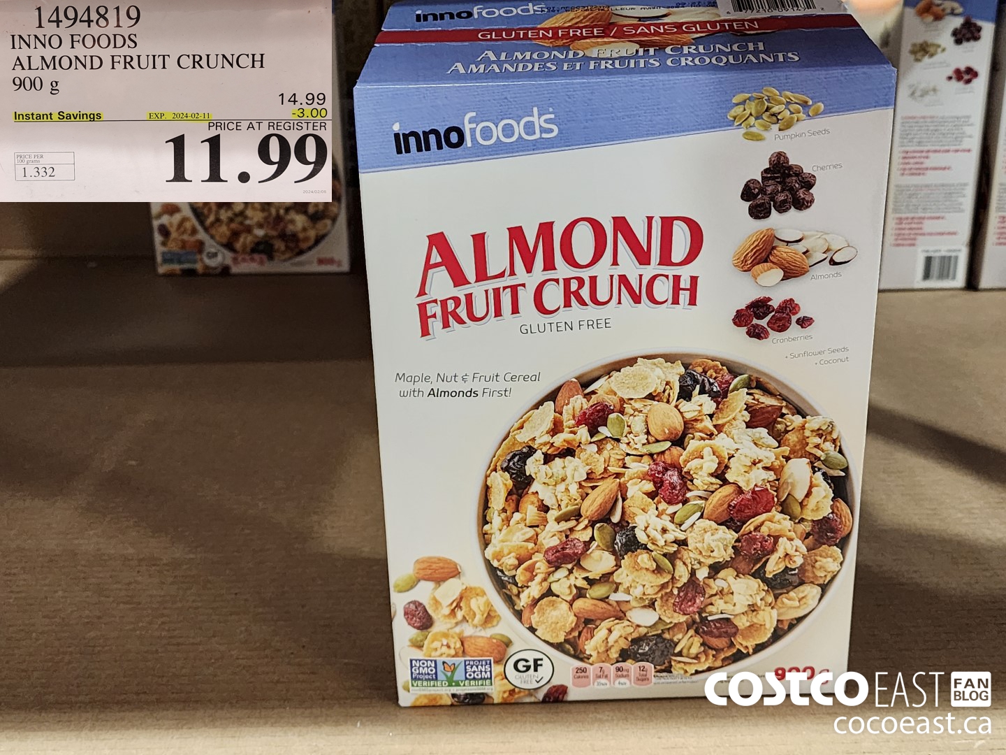 1494819 INNO FOODS ALMOND FRUIT CRUNCH 900 g ($3.00 INSTANT SAVINGS EXPIRES ON 2024-02-11) $11.99