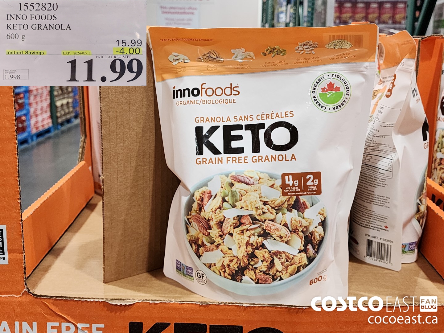 1552820 INNO FOODS KETO GRANOLA 600 G ($4.00 INSTANT SAVINGS EXPIRES ON 2024-02-11) $11.99