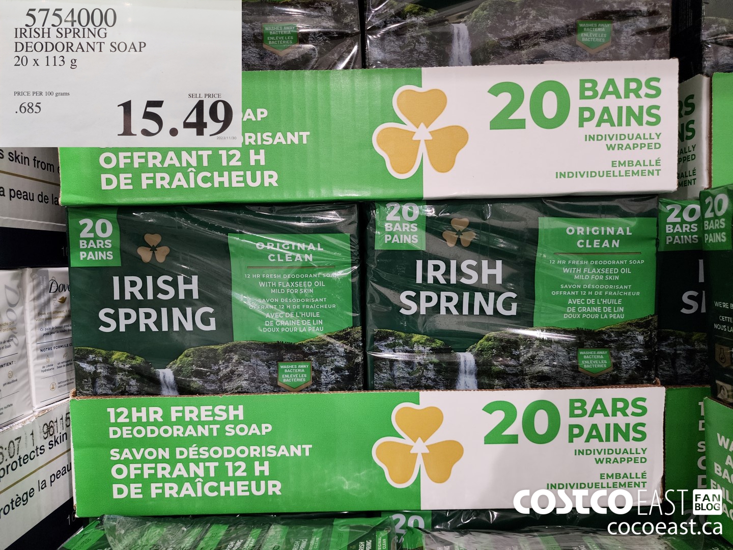 5754000 IRISH SPRING DEODORANT SOAP 20 X 113 G $15.49