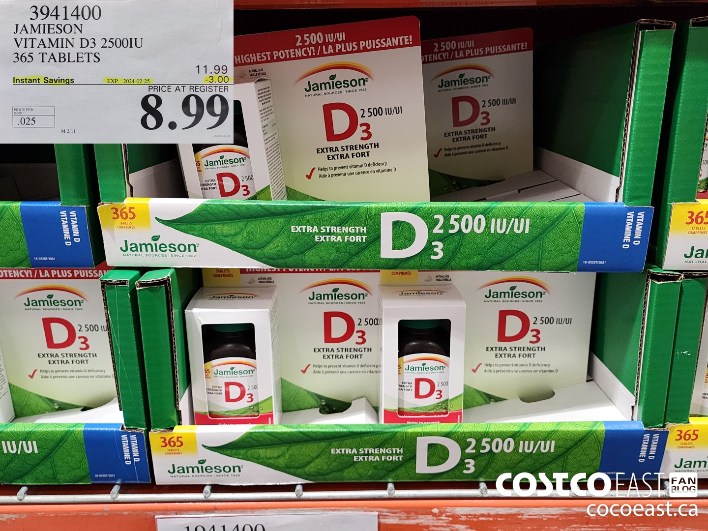 3941400 JAMIESON VITAMIN D3 2500IU 365 TABLETS ($3.00 INSTANT SAVINGS EXPIRES ON 2024-02-25) $8.99