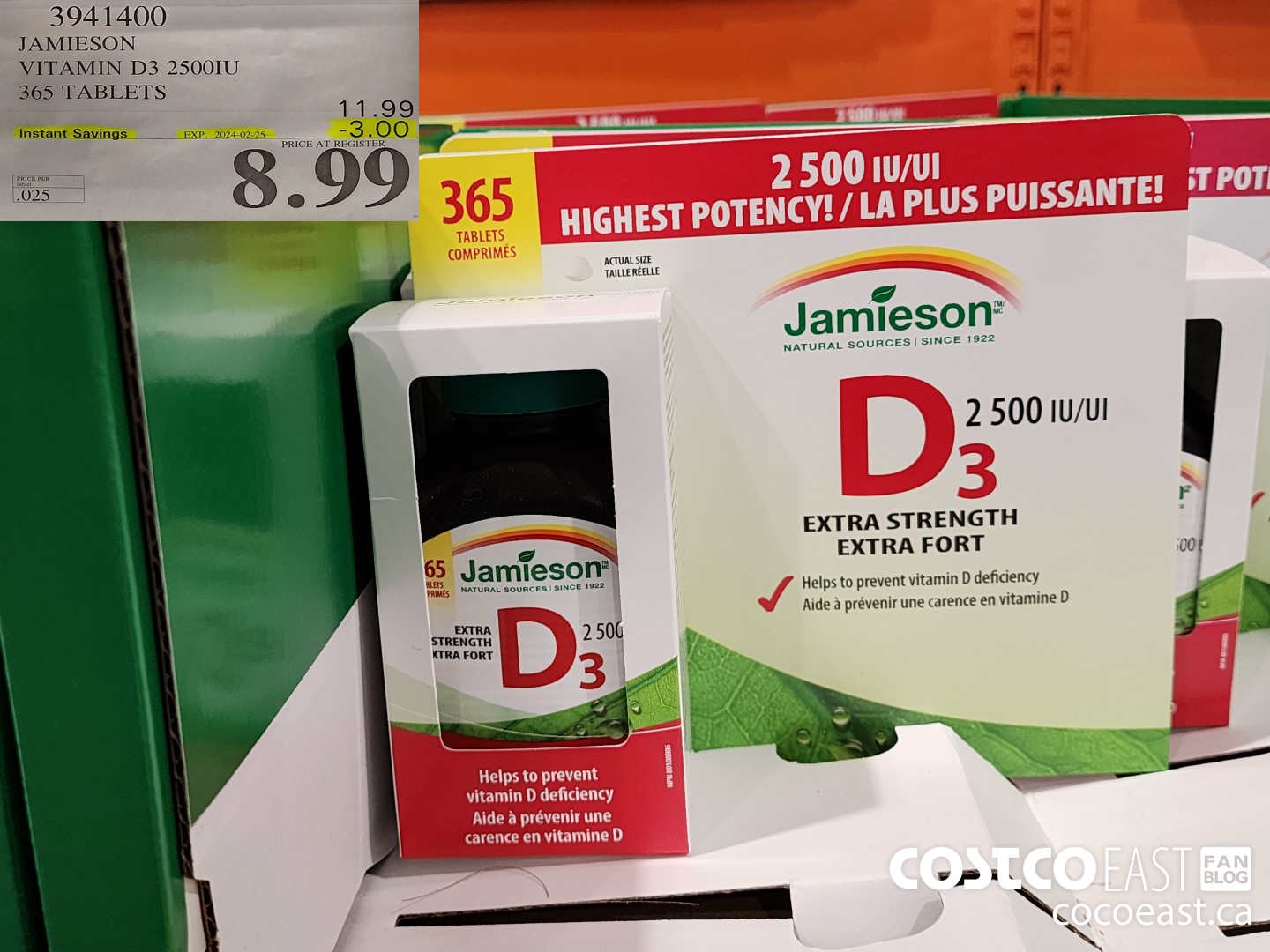 3941400 JAMIESON VITAMIN D3 2500IU 365 TABLETS ($3.00 INSTANT SAVINGS EXPIRES ON 2024-02-25) $8.99