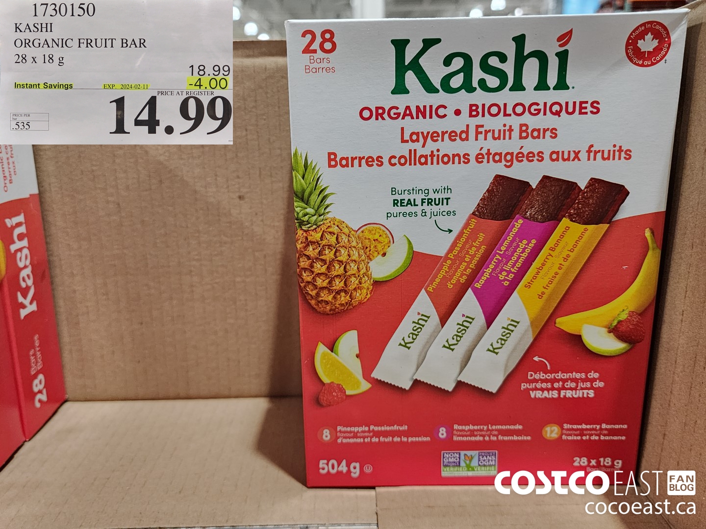 1730150 KASHI ORGANIC FRUIT BAR 28 x 18g ($4.00 INSTANT SAVINGS EXPIRES ON 2024-02-11) $14.99