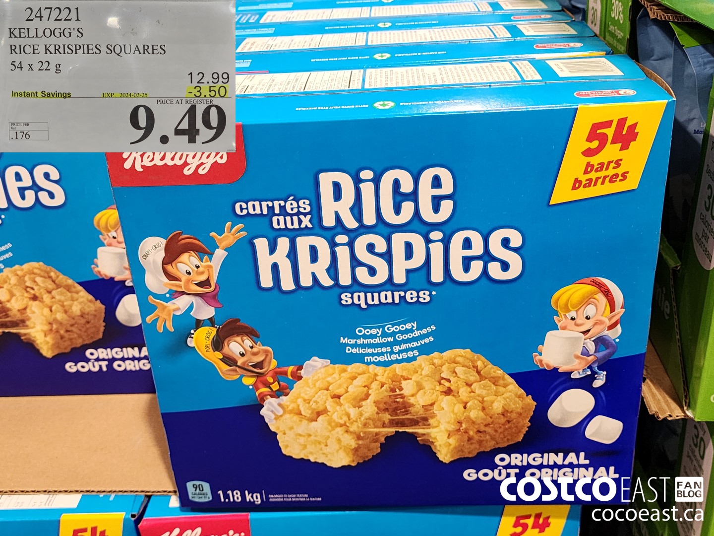 247221 KELLOGG'S RICE KRISPIES SQUARES 54 X 22 G ($3.50 INSTANT SAVINGS EXPIRES ON 2024-02-25) $9.49