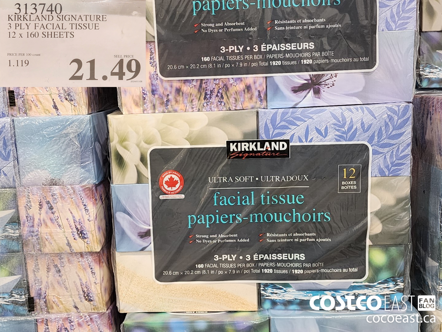 313740 KIRKLAND SIGNATURE 3 PLY FACIAL TISSUE 12 x 160 SHEETS $21.49