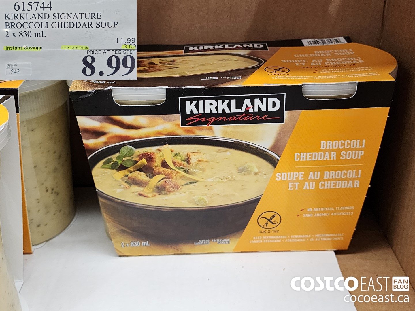 615744 KIRKLAND SIGNATURE BROCCOLI CHEDDAR SOUP 2 x 830 mL ($3.00 INSTANT SAVINGS EXPIRES ON 2024-02-18) $8.99