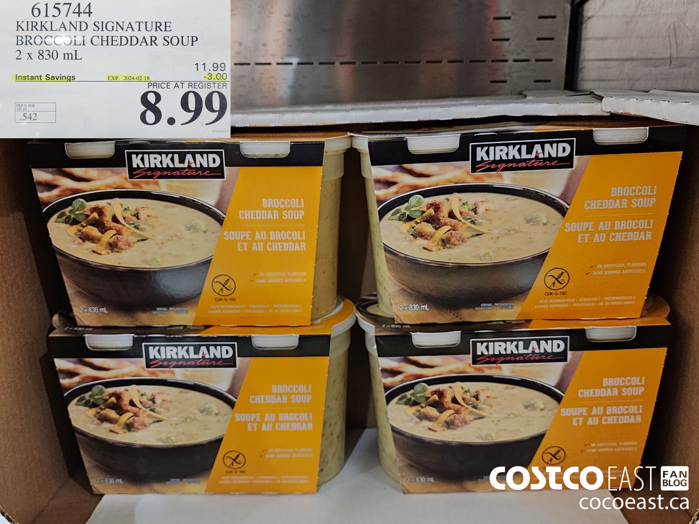 615744 KIRKLAND SIGNATURE BROCCOLI CHEDDAR SOUP 2 x 830 mL ($3.00 INSTANT SAVINGS EXPIRES ON 2024-02-18) $8.99