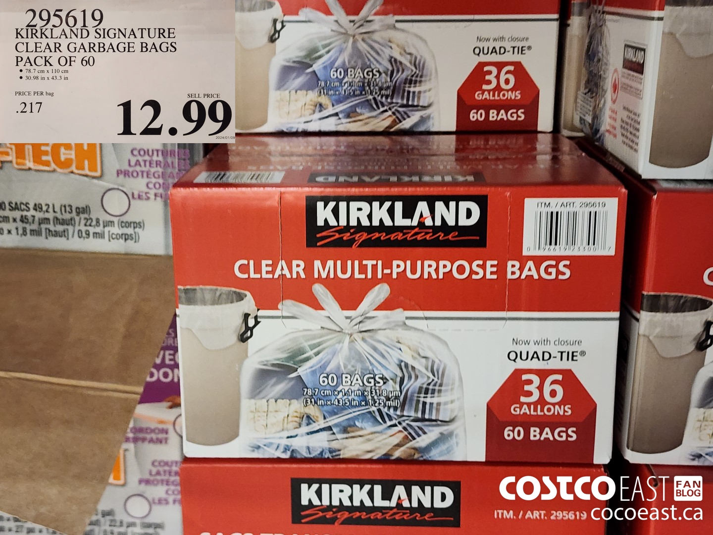 295619 KIRKLAND SIGNATURE CLEAR GARBAGE BAGS PACK OF 60 $12.99