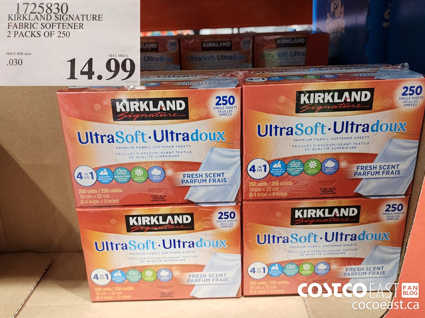 1725830 KIRKLAND SIGNATURE FABRIC SOFTENER 2 PACKS OF 250 $14.99