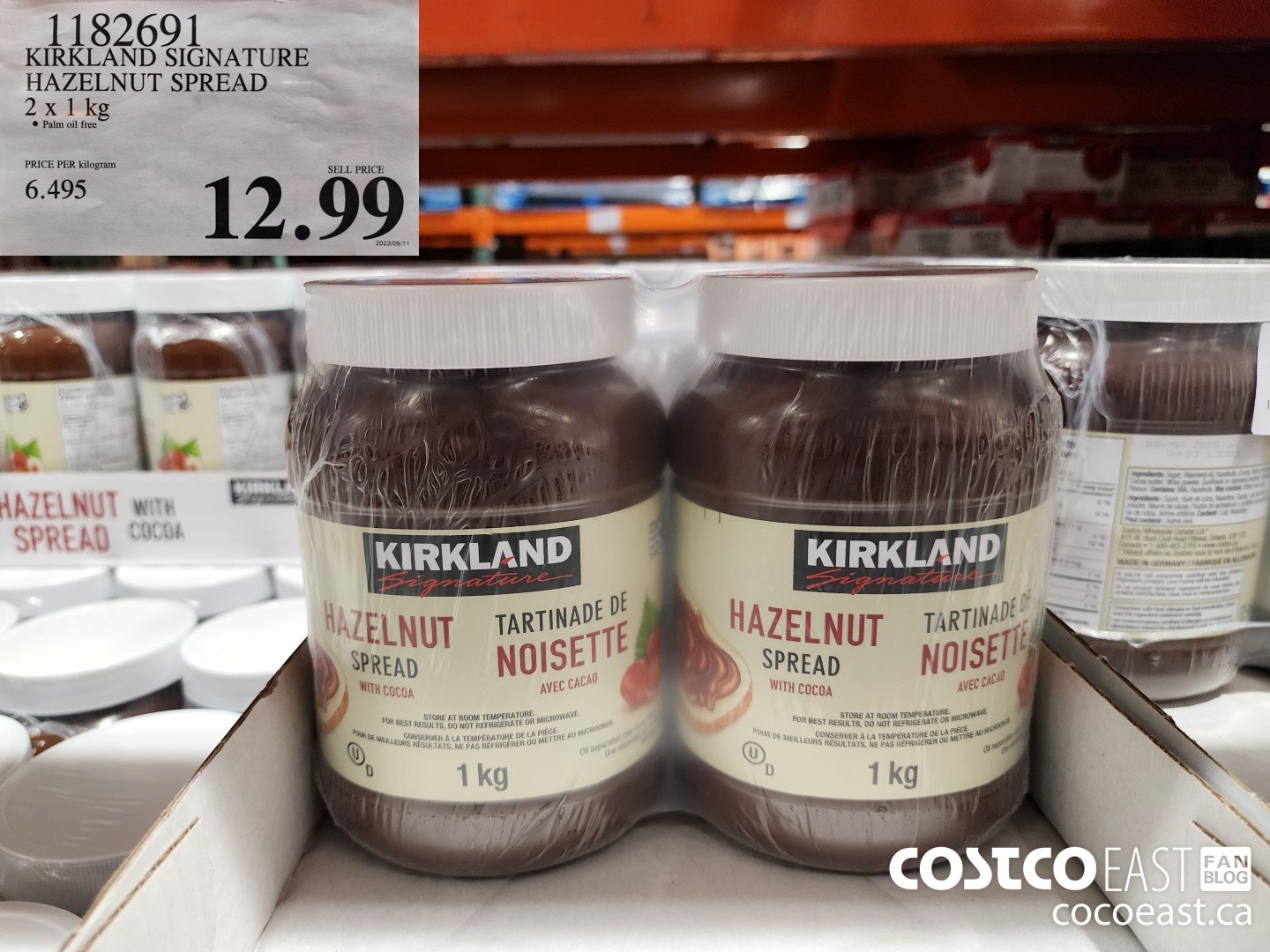 1182691 KIRKLAND SIGNATURE HAZELNUT SPREAD 2 X 1 KG $12.99