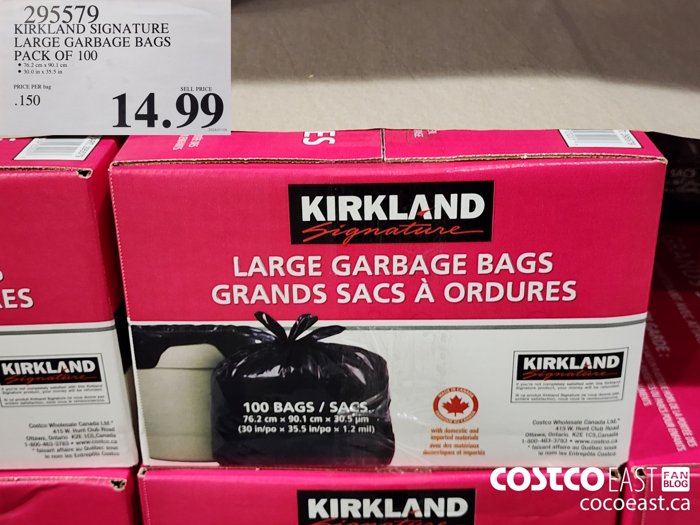 295579 KIRKLAND SIGNATURE LARGE GARBAGE BAGS PACK OF 100 $14.99