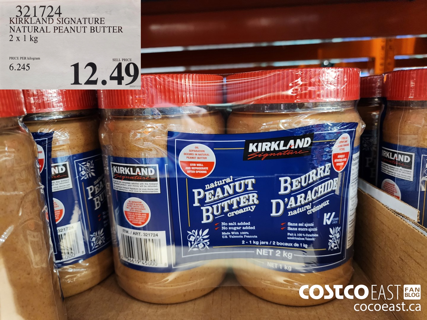 321724 KIRKLAND SIGNATURE NATURAL PEANUT BUTTER 2 X 1 KG $12.49
