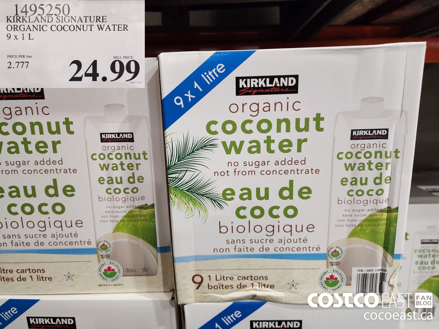 1495250 KIRKLAND SIGNATURE ORGANIC COCONUT WATER 9 X 1L $24.99