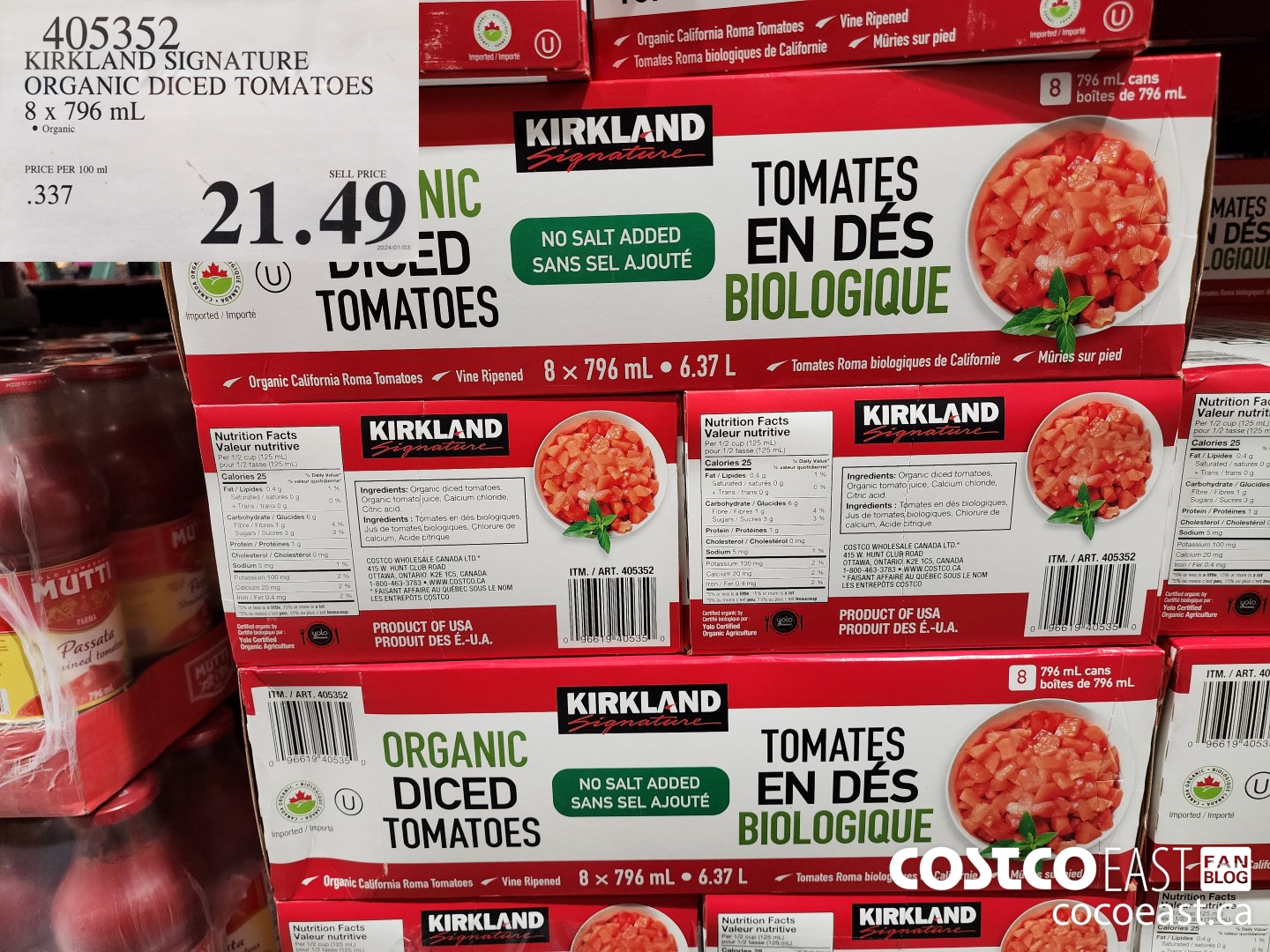 405352 KIRKLAND SIGNATURE ORGANIC DICED TOMATOES 8 x 796 mL $21.49