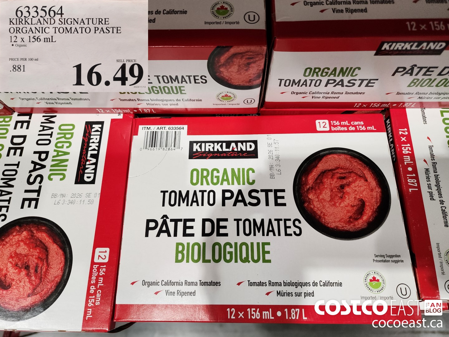 633564 KIRKLAND SIGNATURE ORGANIC TOMATO PASTE 12 x 156 mL $16.49