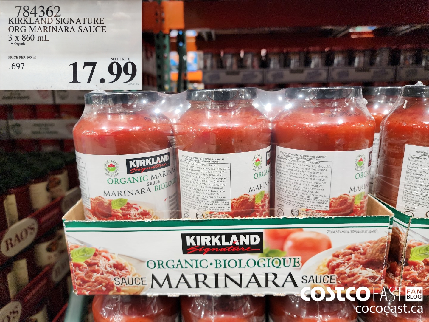 784362 KIRKLAND SIGNATURE ORG MARINARA SAUCE 3 x 860 mL $17.99