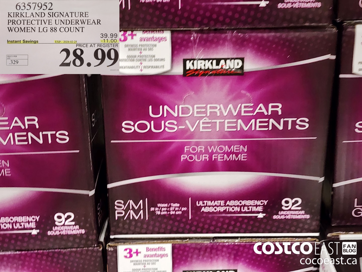 6357952 KIRKLAND SIGNATURE PROTECTIVE UNDERWEAR WOMEN LG 88 COUNT ($11.00 INSTANT SAVINGS EXPIRES ON 2024-02-25) $28.99