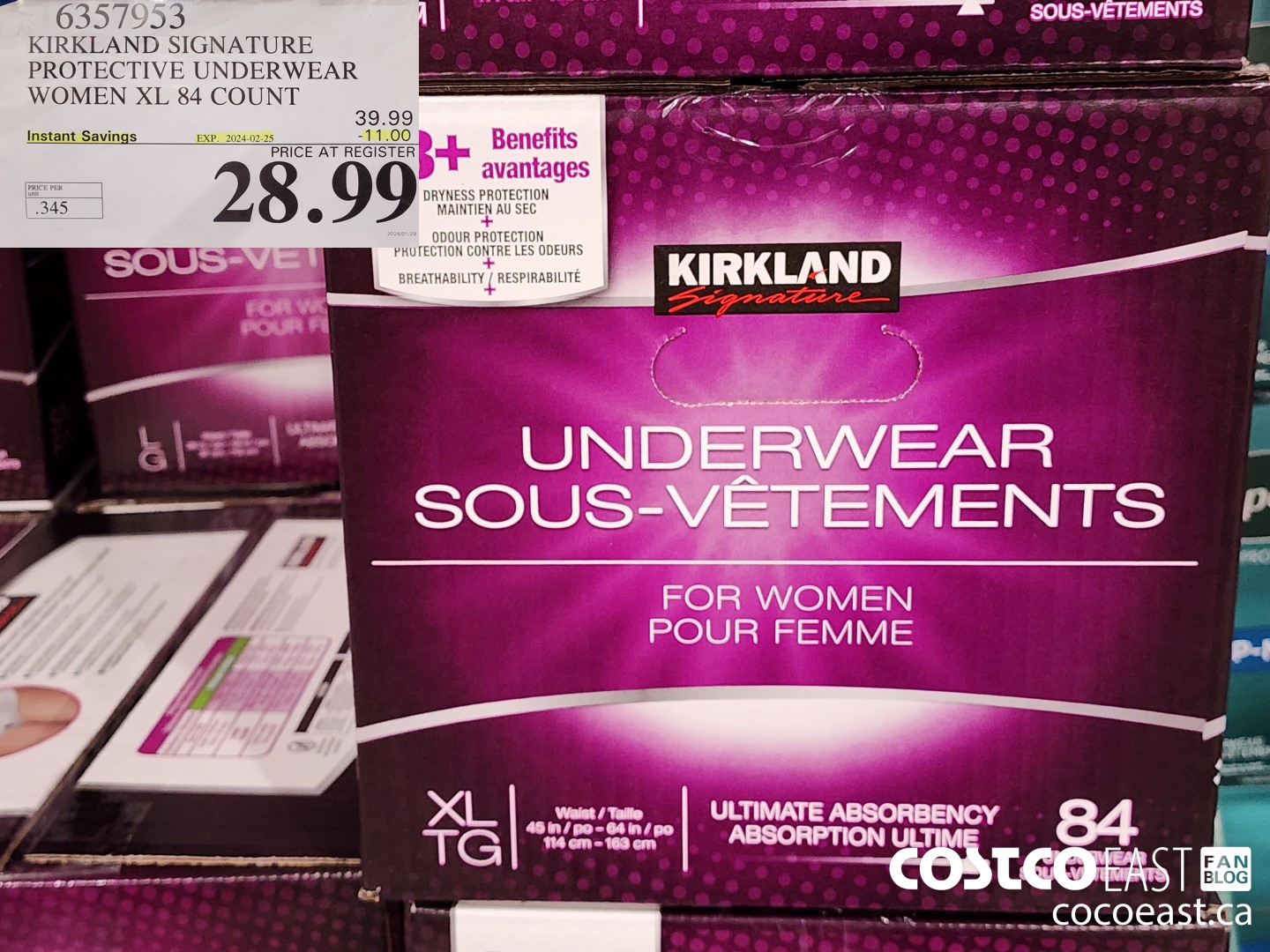 6357953 KIRKLAND SIGNATURE PROTECTIVE UNDERWEAR WOMEN XL 84 COUNT ($11.00 INSTANT SAVINGS EXPIRES ON 2024-02-25) $28.99