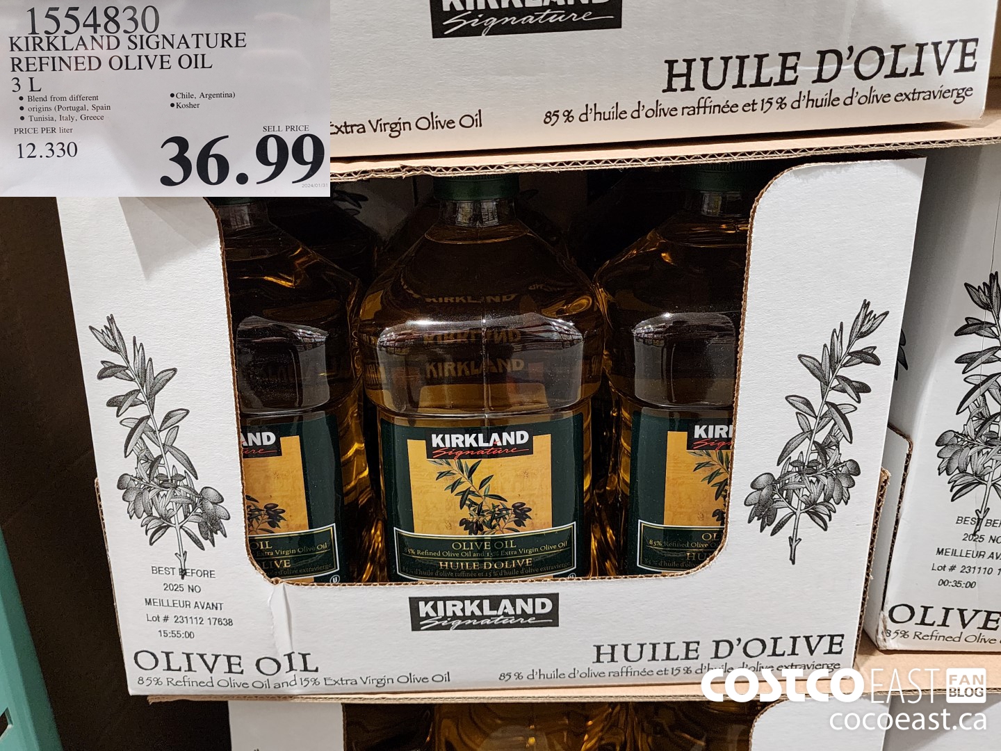 1554830 KIRKLAND SIGNATURE REFINED OLIVE OIL 3L $36.99