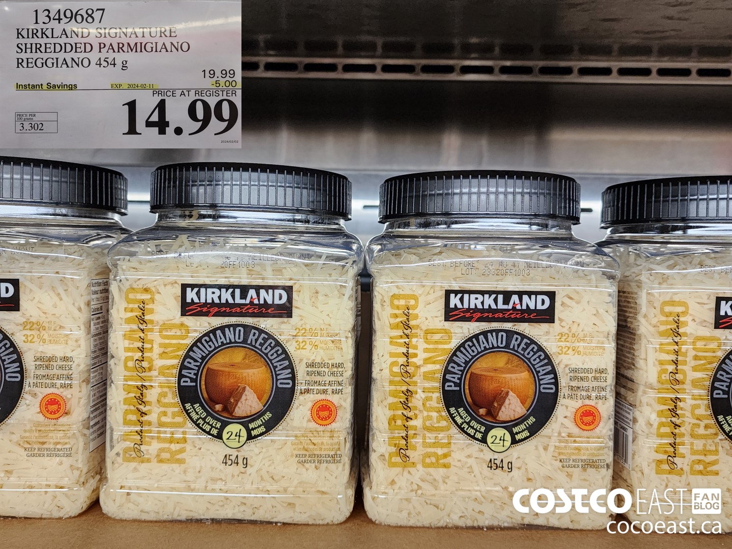 1349687 KIRKLAND SIGNATURE SHREDDED PARMIGIANO REGGIANO 454 G ($5.00 INSTANT SAVINGS EXPIRES ON 2024-02-11) $14.99