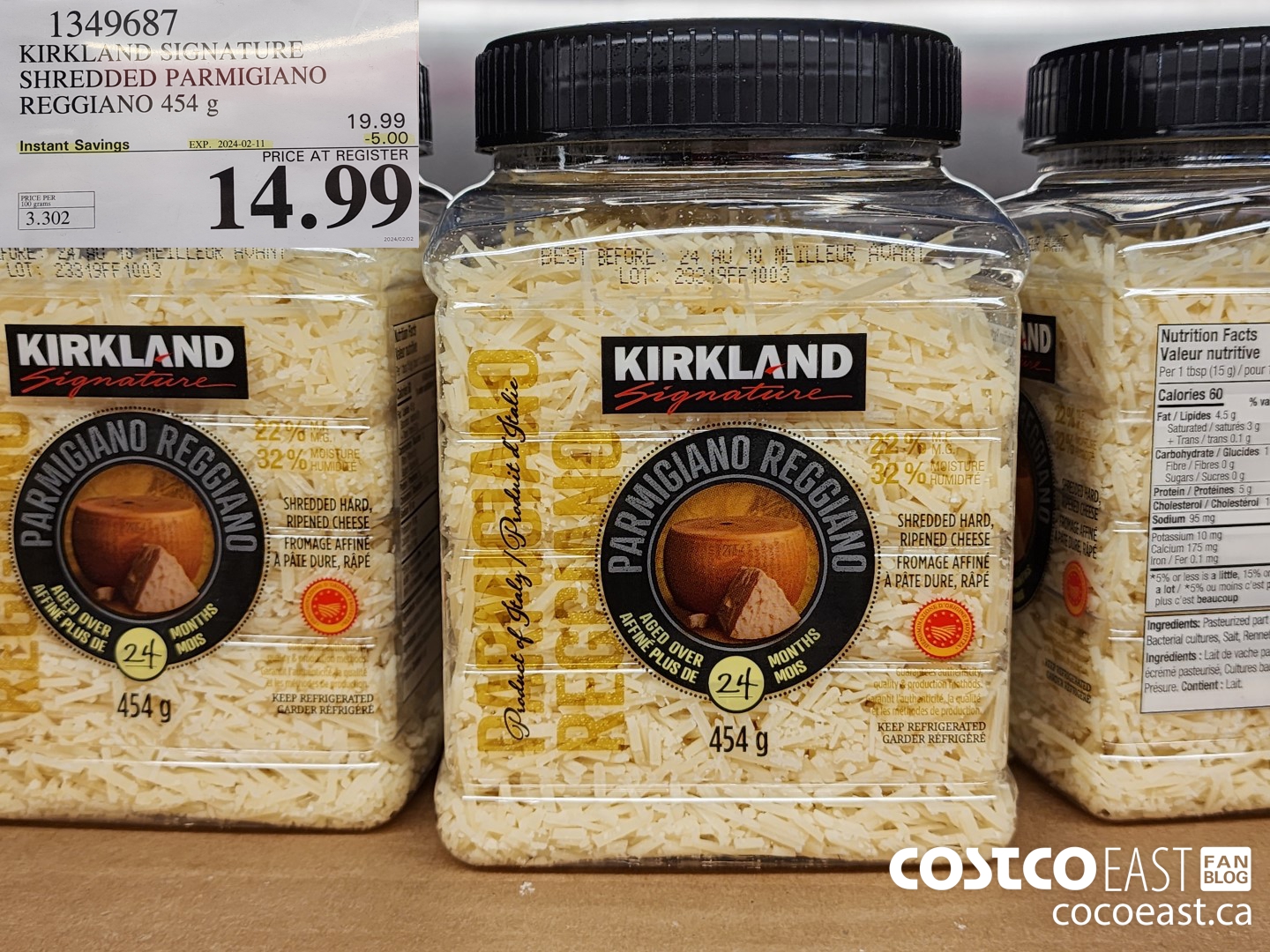 1349687 KIRKLAND SIGNATURE SHREDDED PARMIGIANO REGGIANO 454 G ($5.00 INSTANT SAVINGS EXPIRES ON 2024-02-11) $14.99