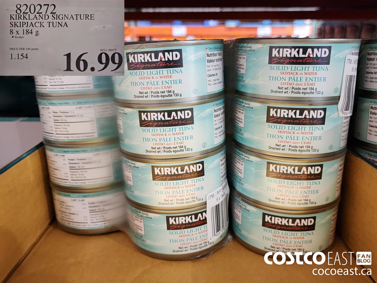 820272 KIRKLAND SIGNATURE SKIPJACK TUNA 8 X 184 G $16.99