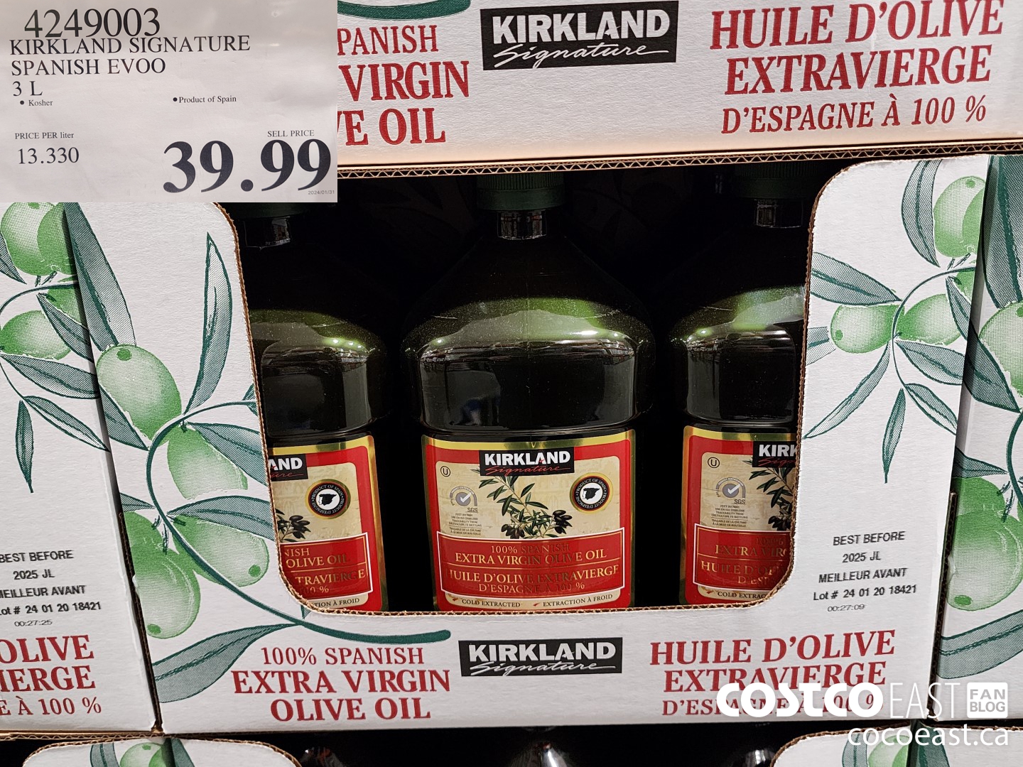 4249003 KIRKLAND SIGNATURE SPANISH EVOO 3 L $39.99