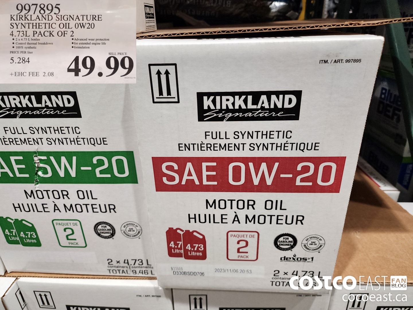 997895 KIRKLAND SIGNATURE SYNTHETIC OIL 0W20 4.73L PACK OF 2 $49.99